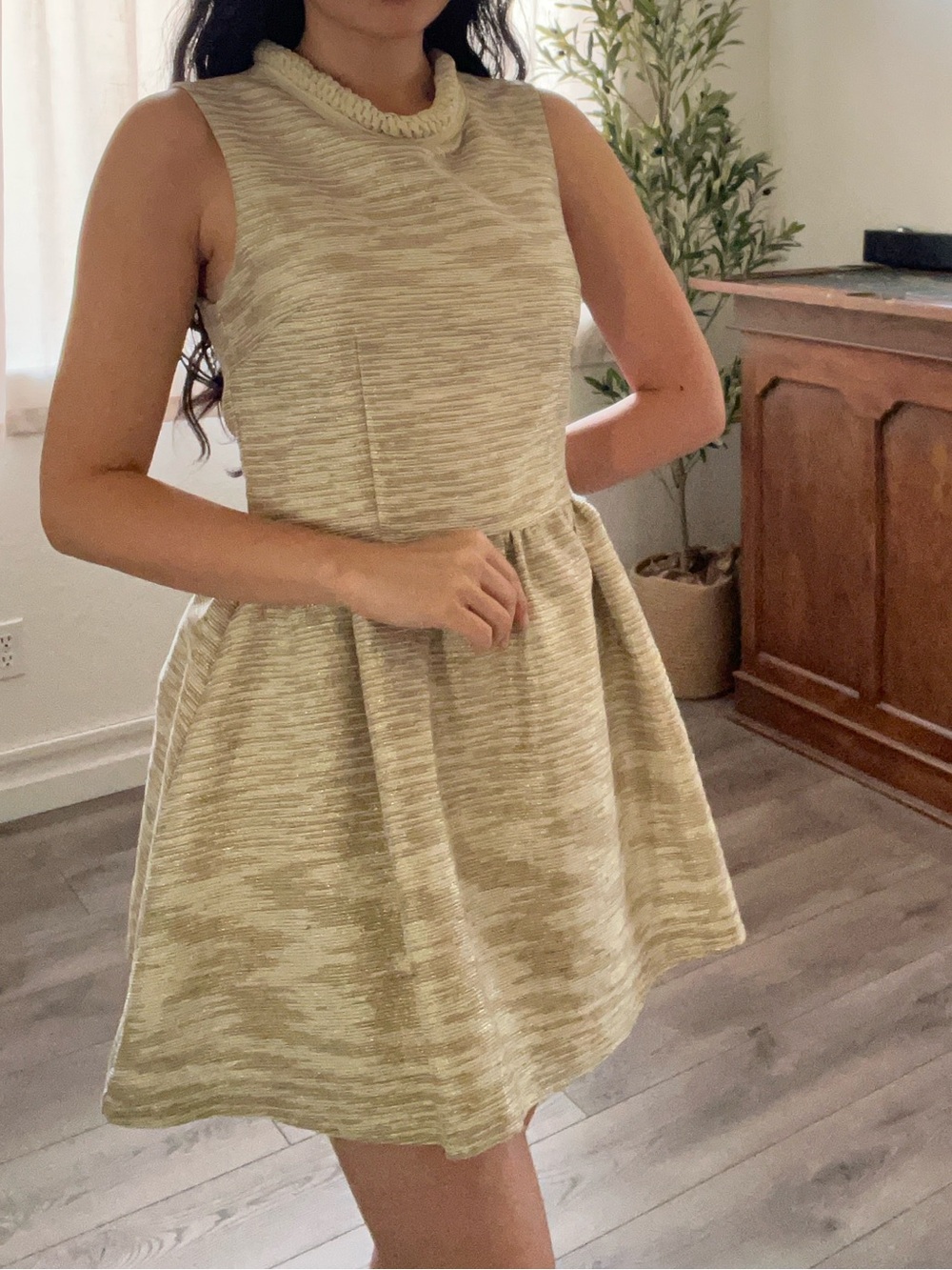 Sleeveless Gold Textured Fit-and-Flare Dress